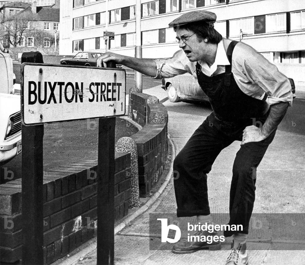 Comedian Jack Douglas who was born on Tyneside came looking for the street he was born on, and was pleasantly surprised it was still there in 1976 (b/w photo)