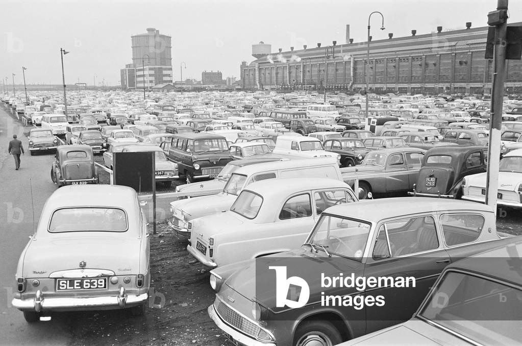 The car park at the Ford factory in Dagenham. 2nd October 1963 (b/w photo)