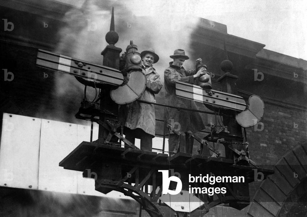 General Strike 1926, Volunteer signalmen inspecting the signals before starting their job, 11th May 1926 (b/w photo)