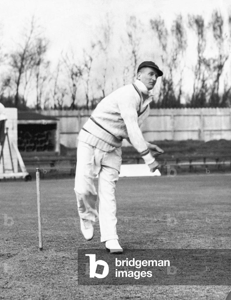 England cricketer Harold Larwood in bowling practice. 28th April 1939 (b/w photo)