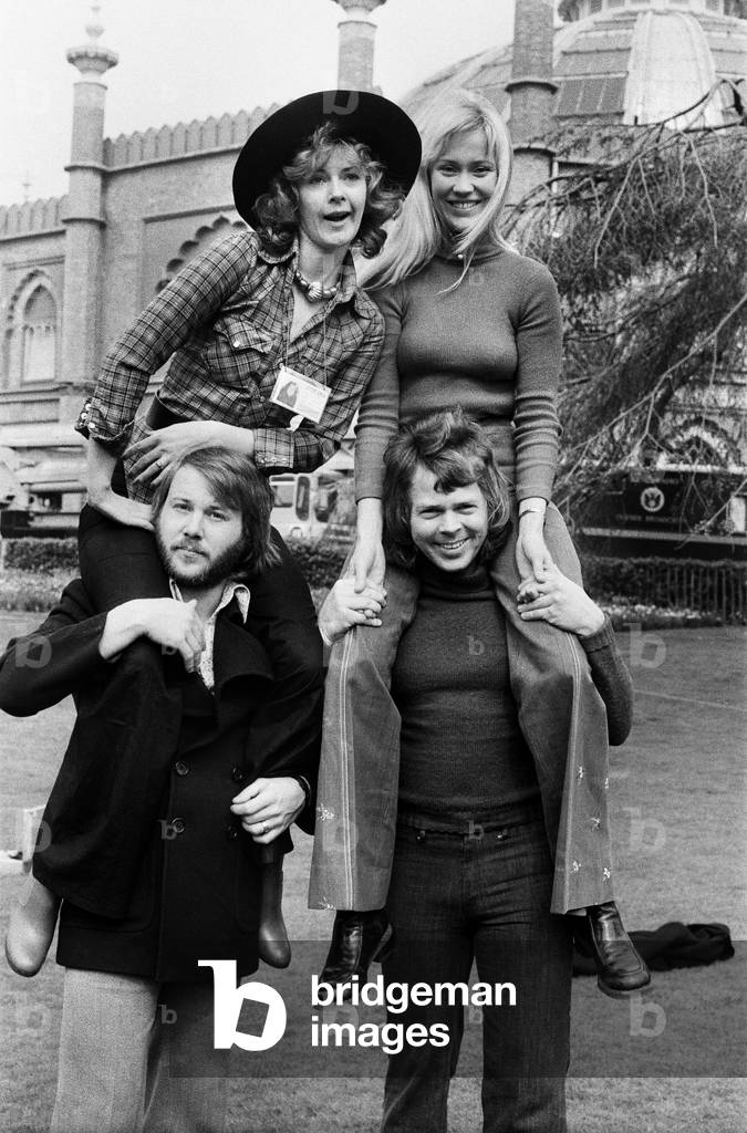 Swedish pop group ABBA consisting of Agnetha Fltskog, Bjrn Ulvaeus, Benny Andersson and Anni-Frid Lyngstad who won the 1974 Eurovision song contest with the song Waterloo, pictured in Brighton. 3rd April 1974 (b/w photo)