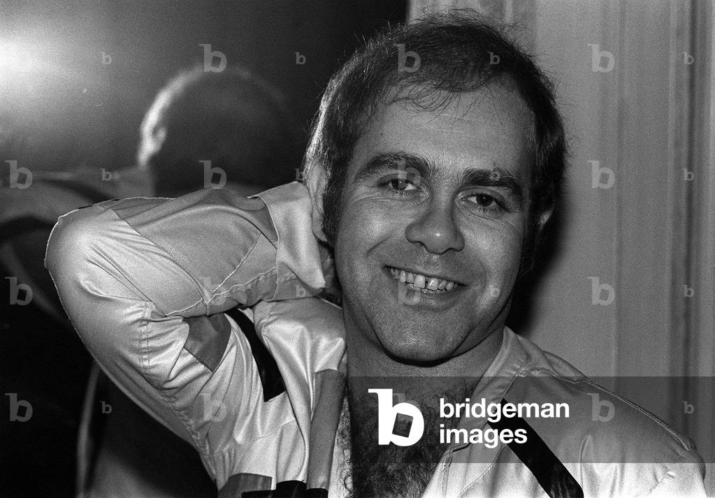 Rock superstar Sir Elton John during his American tour 1979 (b/w photo)