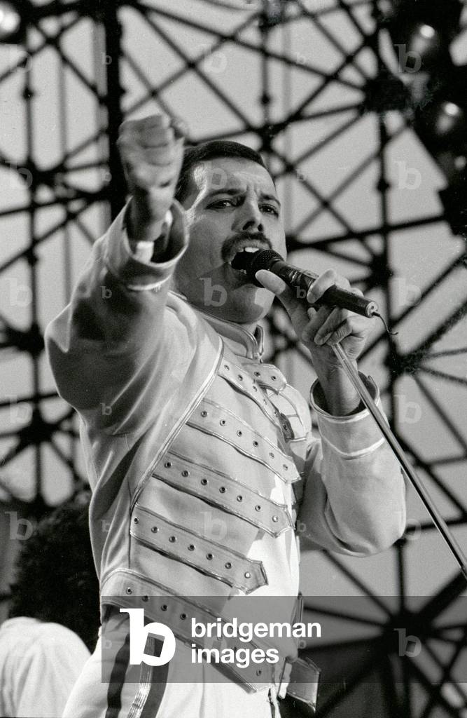 Freddie Mercury of the Rock Group The Queen in concert at St James Park in Newcastle. July 1986