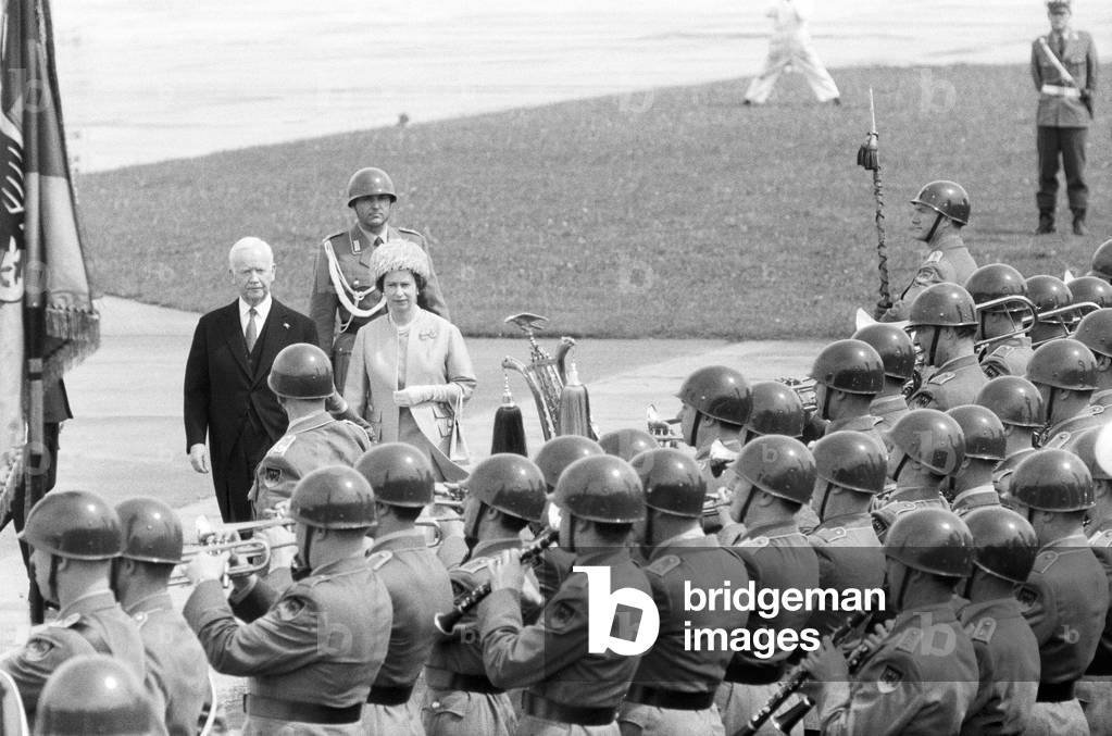 The Queen in West Germany, inspecting some West German troops with the President of the Federal Republic of Germany, Karl Heinrich Lubke. 18th May 1965 (b/w photo)