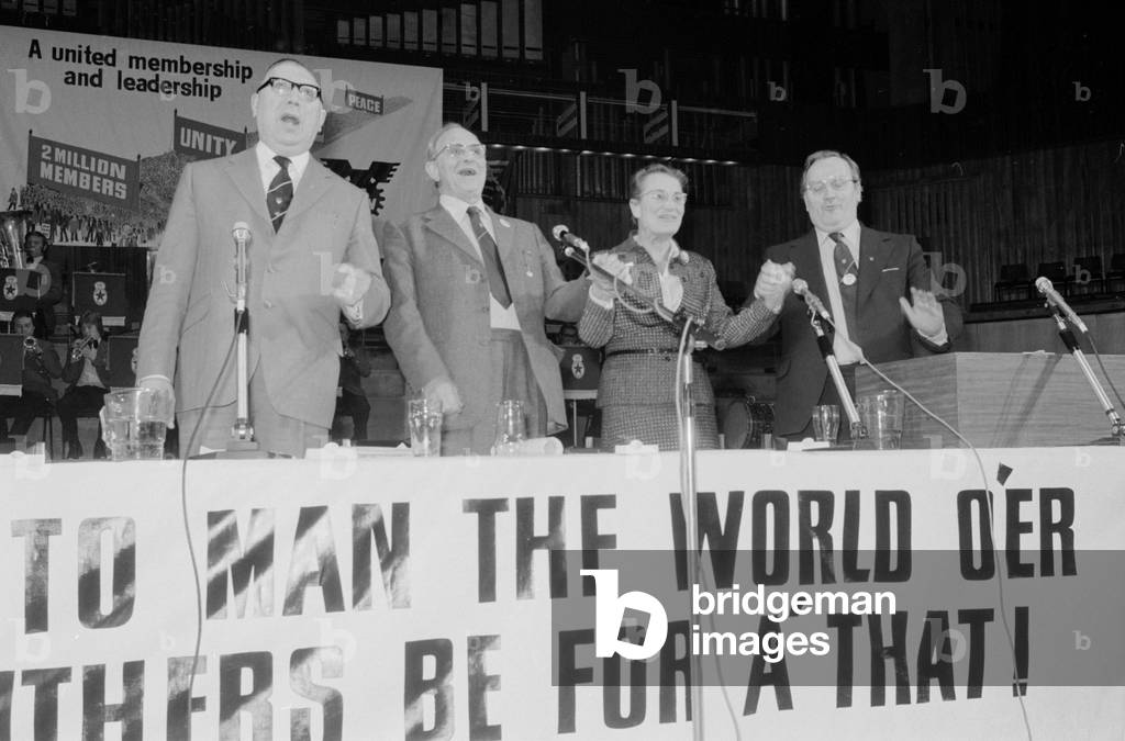 Jack Jones leader of the TGWU seen here with other senior members of the union seen here at the Royal Festival Hall. The group had come together along with hundreds of other Trade Unionist to say farewell to Jack as he stood down as the Unions leader, 20/02/1978