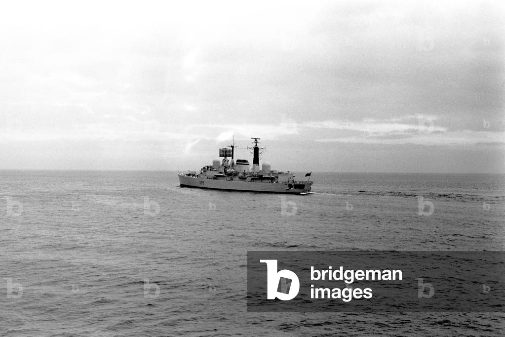The destroyer HMS Glasgow puts to sea from the River Tyne on her way to Portsmouth to be handed over to the Royal Navy. The Swan Hunter built HMS Glasgow was the fifth Type 42 destroyer to enter service. 8th March, 1979 (b/w photo)