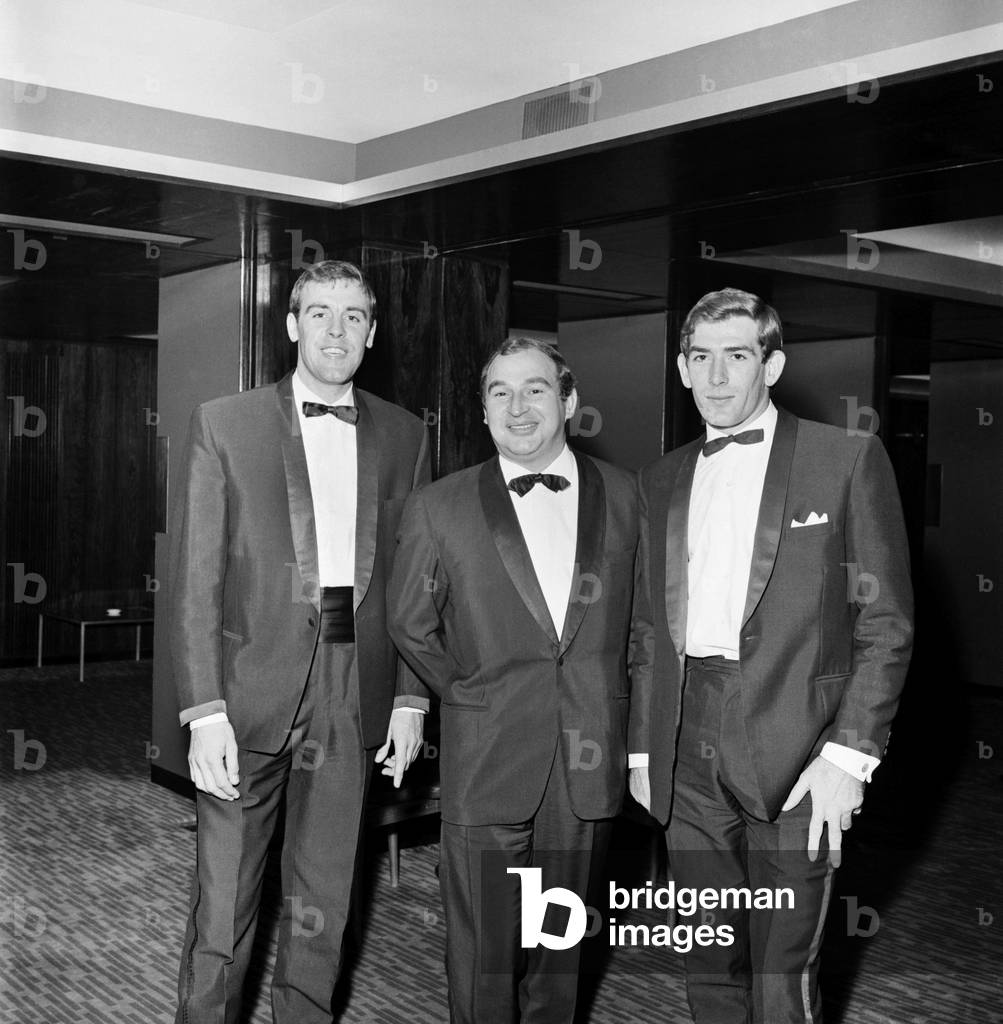 Freddie Foreman, at the Royal Garden Hotel, Kensington with Mike England, Spurs and Wales centre-half (L) and Pat Jennings, Spurs and N. Ireland goalkeeper. November 1969 (photo)