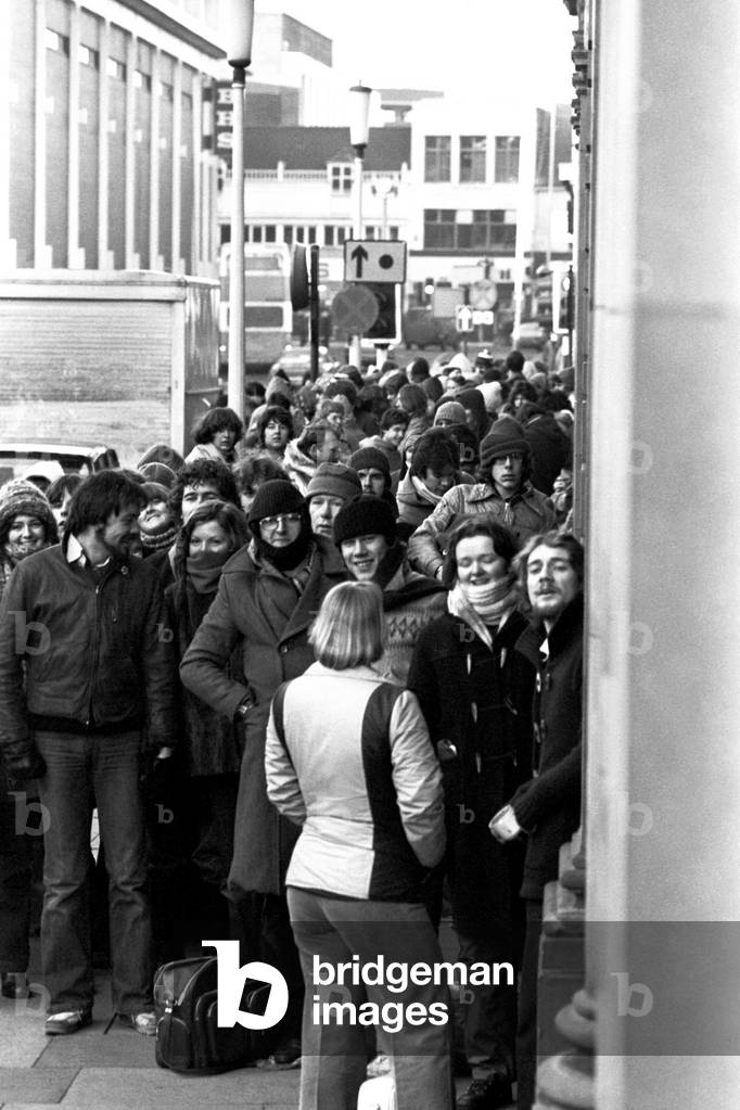 Elton John fans spent the night in sub-zero temperatures to make sure of getting tickets for the superstars concerts at Newcastle City Hall. 40 campers had taken their places on the steps in advances of Elton's March 22nd and 23rd gigs. 2nd February, 1979 (b/w photo)