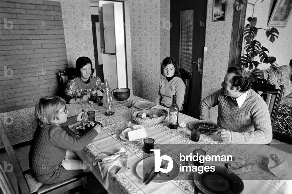 Mr. Irene Quaranta 39, with wife Maria 36, daughter Marie 15 and son Jean-Luc aged 8, April 1975 (b/w photo)
