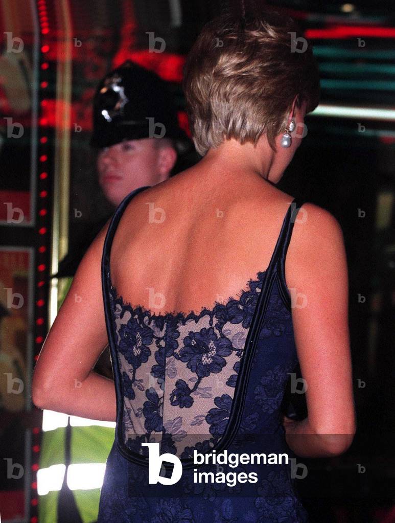 Diana Princess of Wales arrives for the Royal Gala Premiere performance of Lord Attenborough's latest film 'In Love and War'. The premiere of the film, which stars Sandra Bullock and Chris O'Donnell was in aid of the Red Cross. February 1997