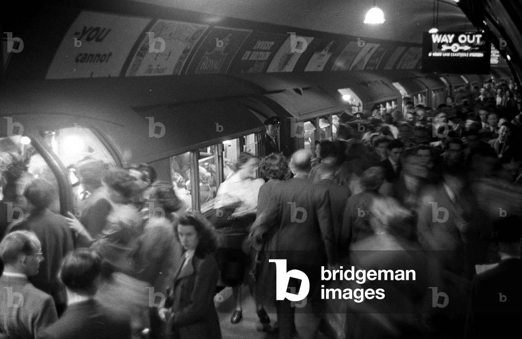 Overcrowding on the Central Line platform during the rush hour at Liverpool Street Station July 1953 (b/w photo)