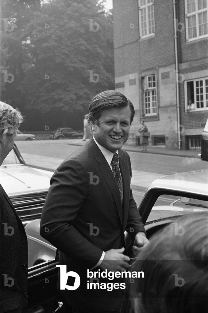 Senator Edward Kennedy seen here leaving Cadbury Schweppes in Bournville following a tour of the factory and medical centre. The Senator was in the Midlands as part of his five day tour of the UK. 13th September 1971 (b/w photo)