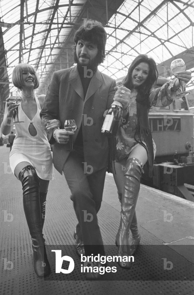 Discotheque being stage today outside the One Stop Record Shop, Manchester Piccadilly Station, Tuesday 10th November 1970 (b/w photo)