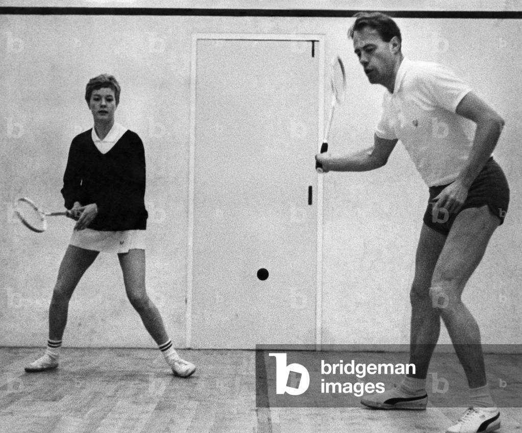 Derek Ibbotson, pictured playing squash with Mandy Holdsworth, in Huddersfield, December 1966 (b/w photo)