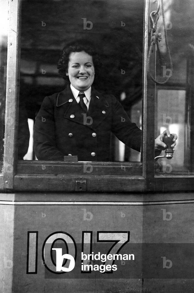 World War Two. One of the first women tramcar drivers to start work in Glasgow during the war November 1942 (b/w photo)