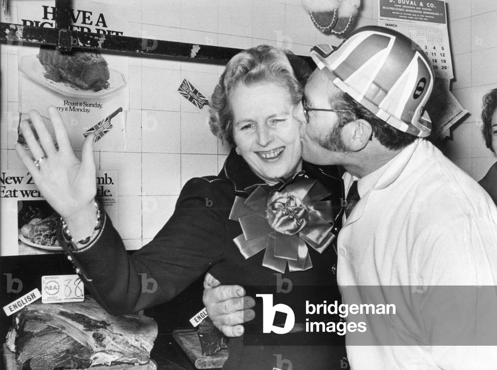 Margaret Thatcher, leader of the opposition, visiting a butchers, Birmingham. 27th March 1977 (b/w photo)