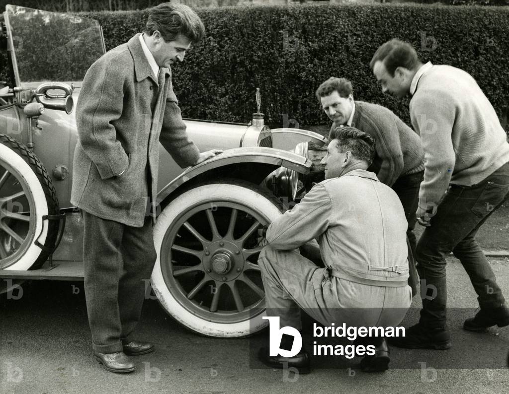 TV Programmes Dr Finlay's Casebook Actor Bill Simpson (Left) seen here having a spot of trouble with his car during the filming of Dr Finlay's Casebook, April 1963 (b/w photo)