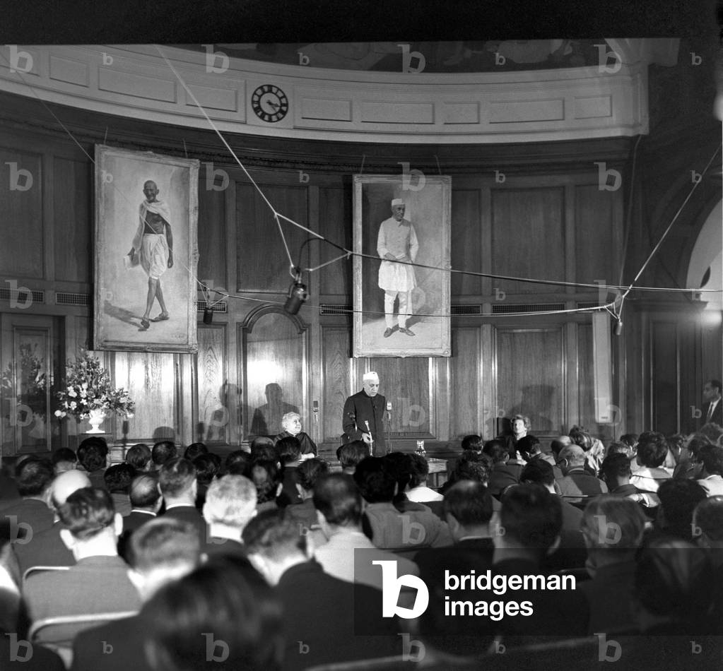 Pandit Jawaharlal Nehru at his press conference held at India House during his visit to the United Kingdom, March 1961 (b/w photo)