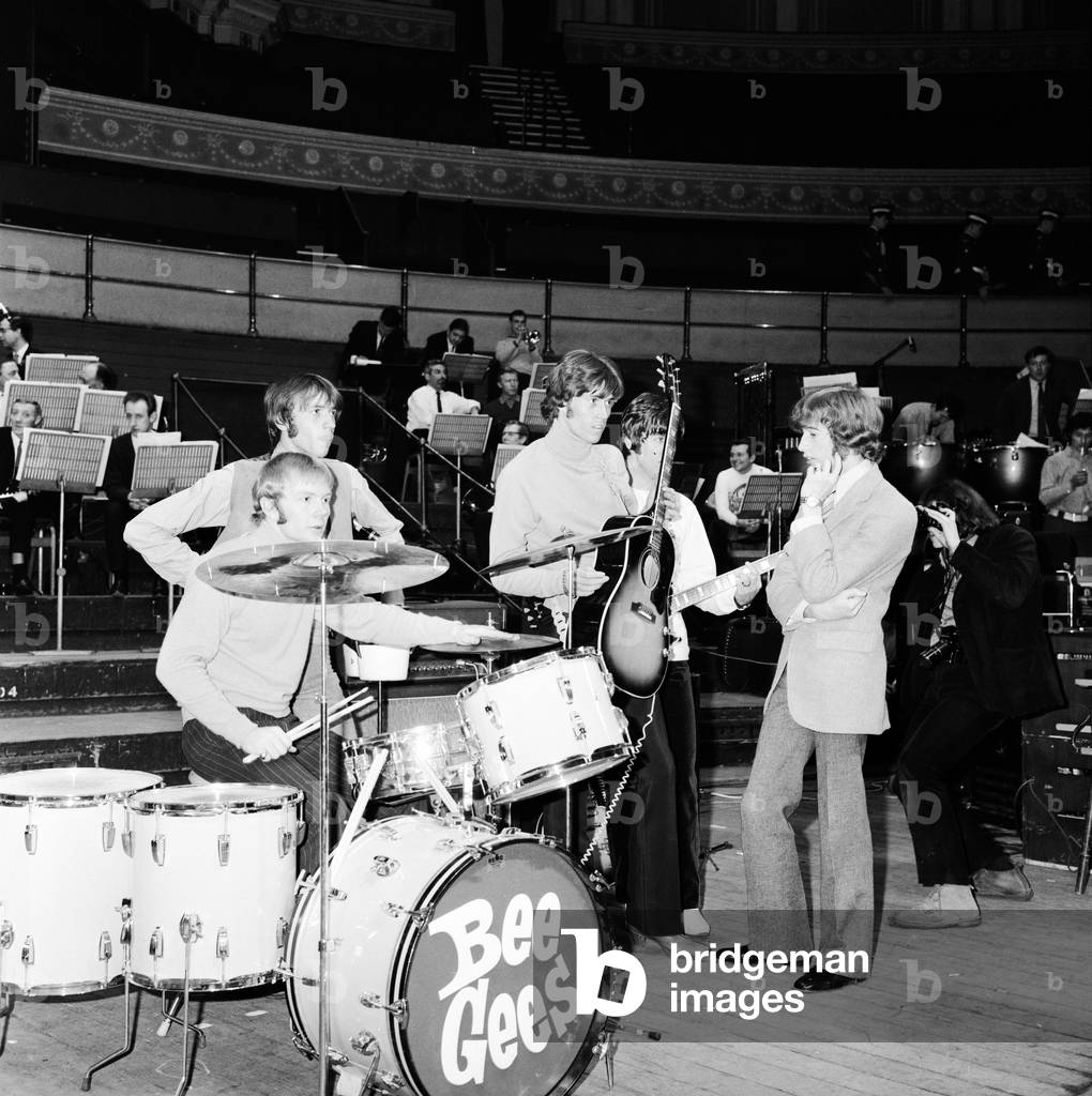 The Bee Gees whose first UK tour opens at the Royal Albert Hall, London 27th March 1968 (b/w photo)