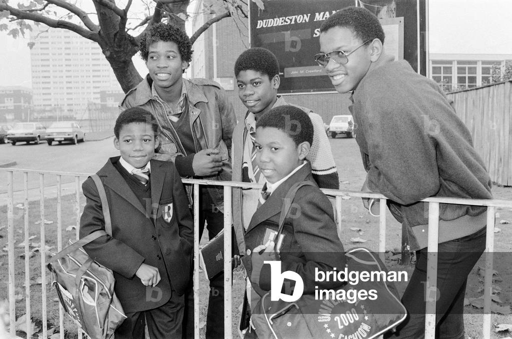 Musical Youth, British Jamaican pop / reggae group, return to school, Duddeston Manor School, 2nd November 1983 (b/w photo)