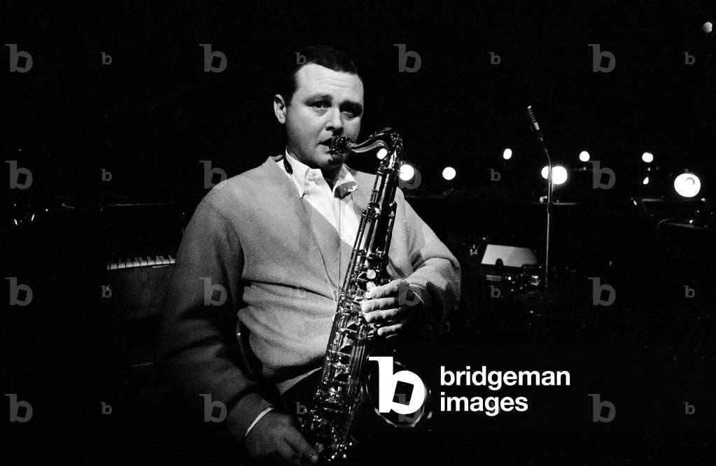 Jazz performer Stan Getz at Ronnie Scott's jazz club. Master tenor saxophonist, 09/03/1964 (b/w photo)