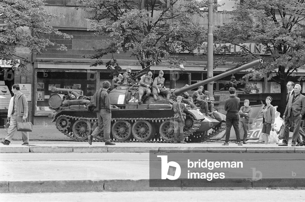 Prague, Czechoslovakia. The Prague Spring, a period of political liberalization in Czechoslovakia during the era of its domination by the Soviet Union after World War II. August 1968 (b/w photo)