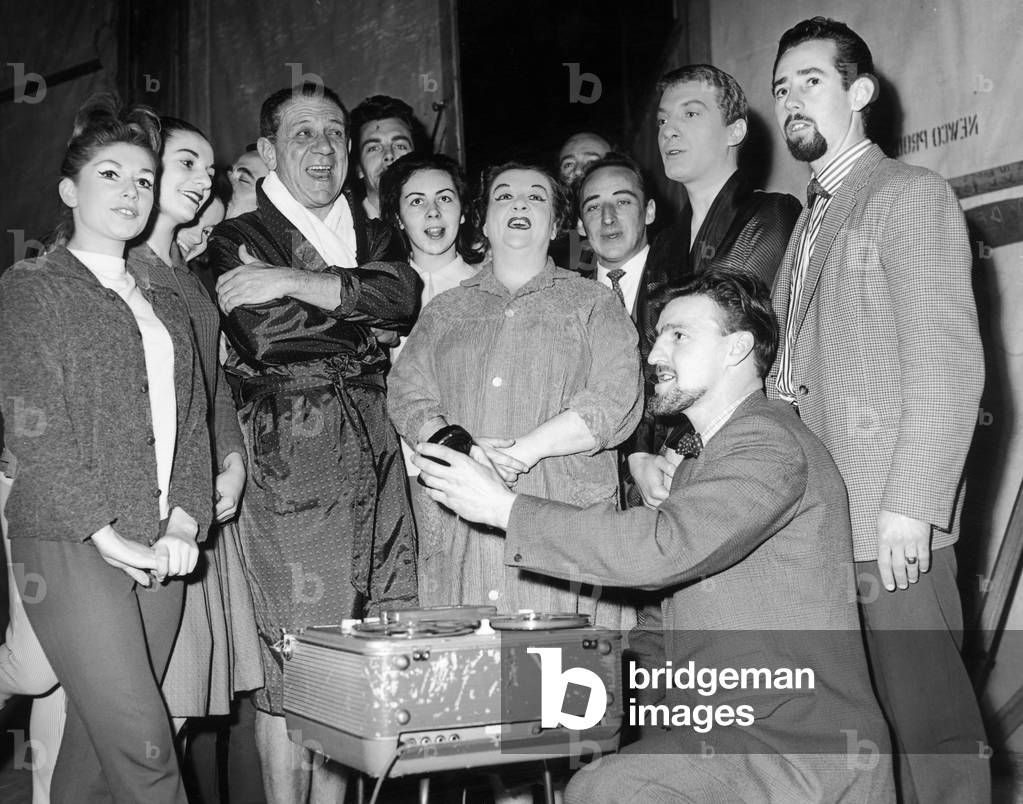 Jimmy Hill of Coventry City seen here with Sid James and the cast of Puss in Boots record The Coventry City song at the Coventry Theatre. 21st December 1962 (photo)