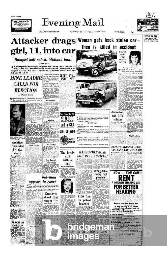 Evening Mail Front Page, published Friday 16th November 1974 (b/w photo)