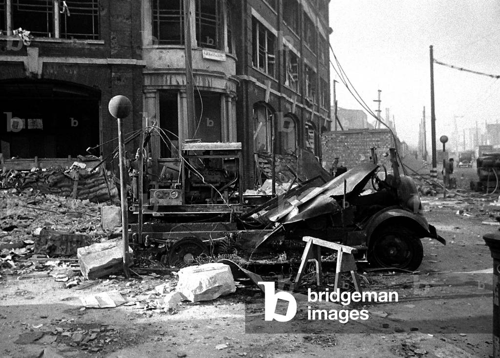 Fire appliances trapped and burnt on night of H.E. Fire blitz, December 1940 (b/w photo)