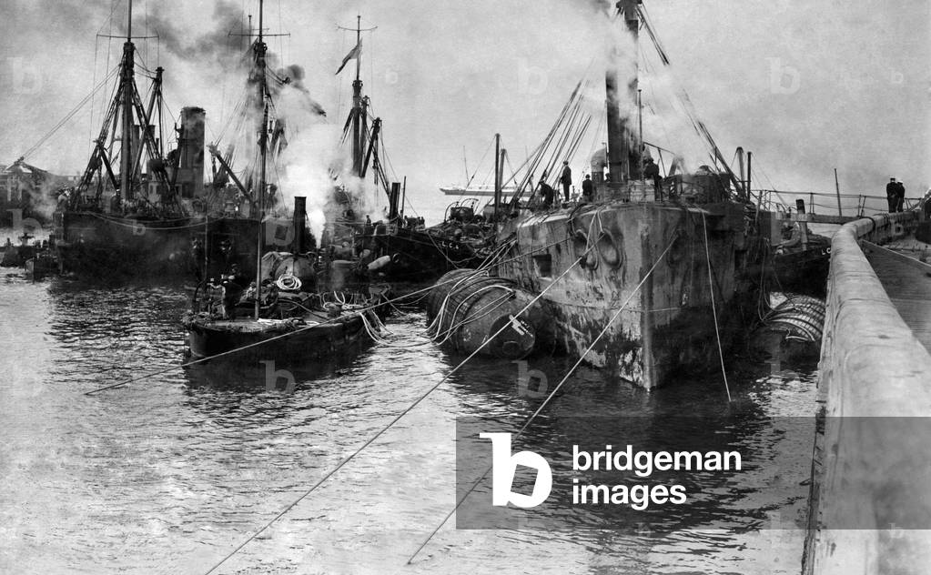 British battleship HMS Vindictive which was sunk in Belgium during the 1918 raid on Ostend in World War One, is raised and handed over to the Belgian Government for scrap
November 1920