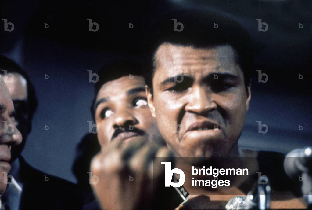 Muhammad Ali at the weigh-in for 2nd fight against Smokin Joe Frazier, to be held at Madison Square Garden in New York City on Monday January 28th, 1974 (b/w photo)