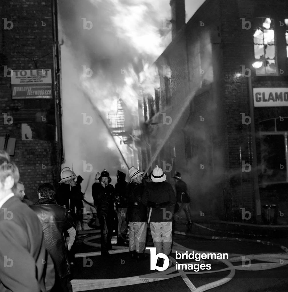 Ardwich Factory Fire: The scene at the height of the blaze at Garson and Co. in Beckett Street, Ardwick, last night. December 1969