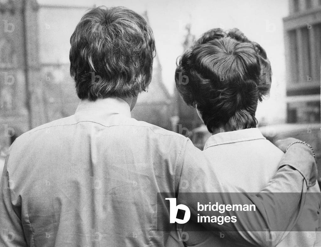 A young couple enjoy a cuddle in Newcastle Circa 1970