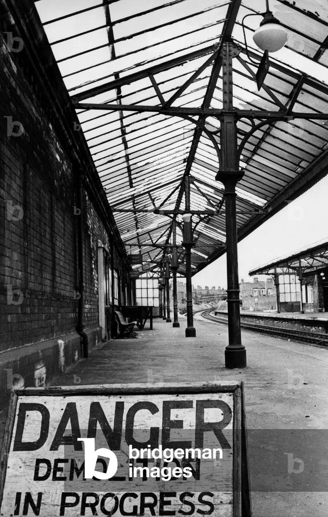 The vandalised and broken canopy of West Jesmond Railway Station which was to be demolished on 9th August 1971 (b/w photo)