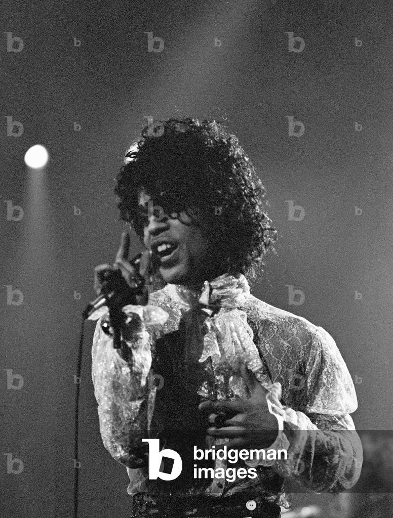 Prince performing on stage at the Joe Louis Arena, Chicago 11th November 1984. The Purple Rain Tour