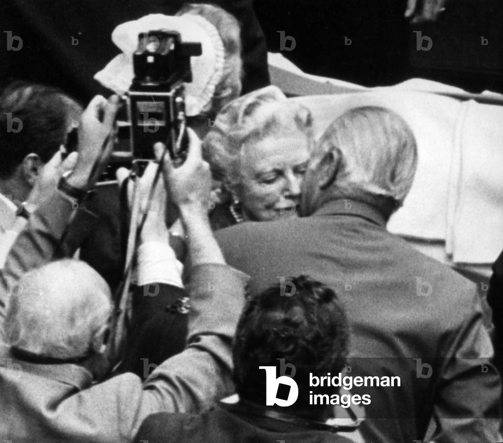 Winston Churchill being carried on a stretcher to Middlesex Hospital, 1962 (b/w photo)