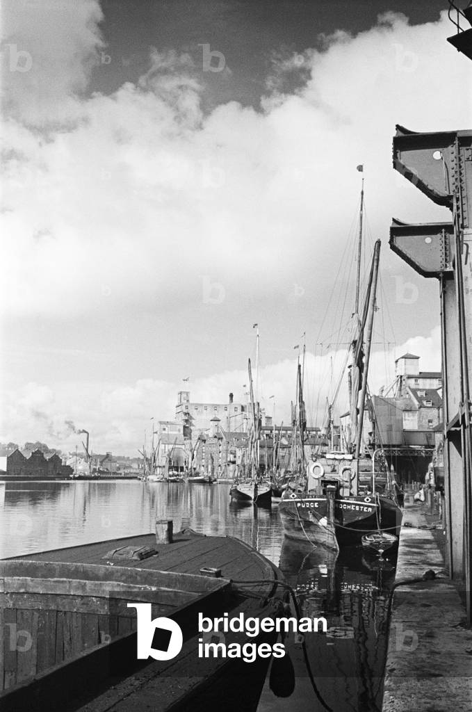 Quayside at Ipswich Docks, on the estuary of the River Orwell, Suffolk. 11th June 1946 (b/w photo)