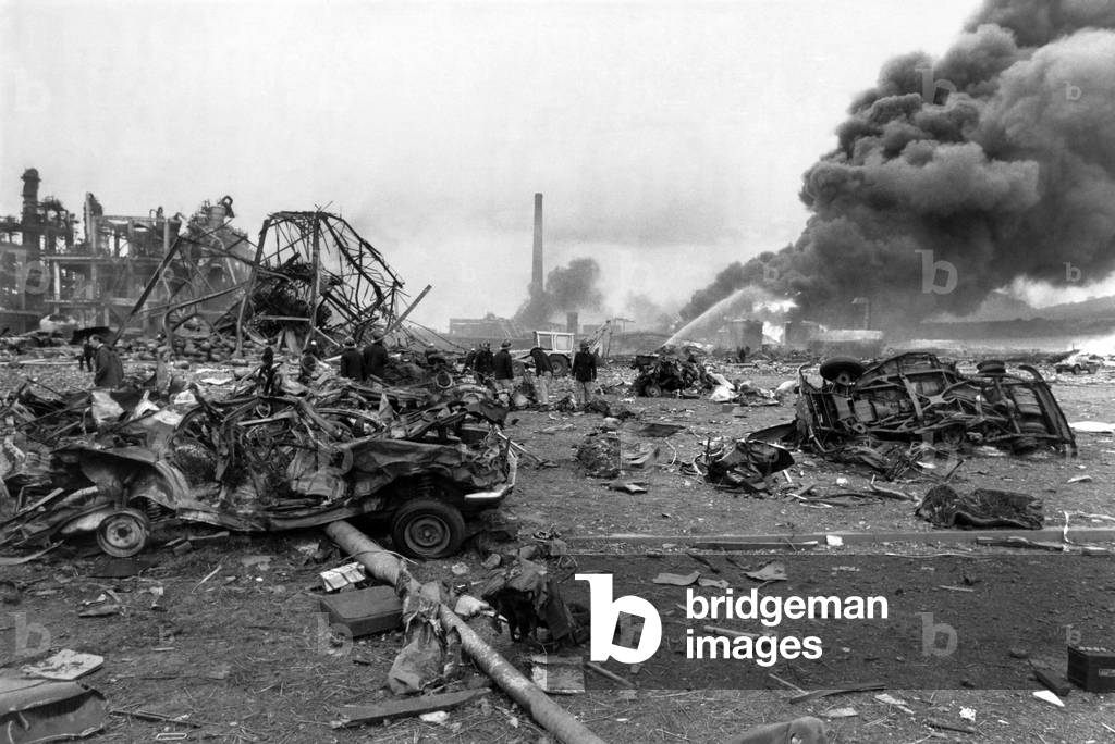 Disaster Blast At Flixborough: A massive blast ripped apart an entire village late on Saturday afternoon, 1st June 1974. At least 29 people died and 100 houses were wrecked when an explosion shook the Nypro chemical plant at the Lincolnshire village of Flixborough. 3,000 people were evacuated as firemen tried to prevent an escape of poisonous gas from ammonia tanks, seven miles away in Scunthorpe flying glass caused injuries and homes shook thirty miles away. The scene of devastation at Nypro works, Flixborough. June 1974