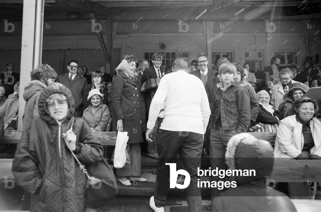 The final first class match to be held at Bramall Lane, Sheffield. The County Championship match between home team Yorkshire and Lancashire ended in a draw. General view of spectators in the stand during the match. 7th August 1973 (b/w photo)