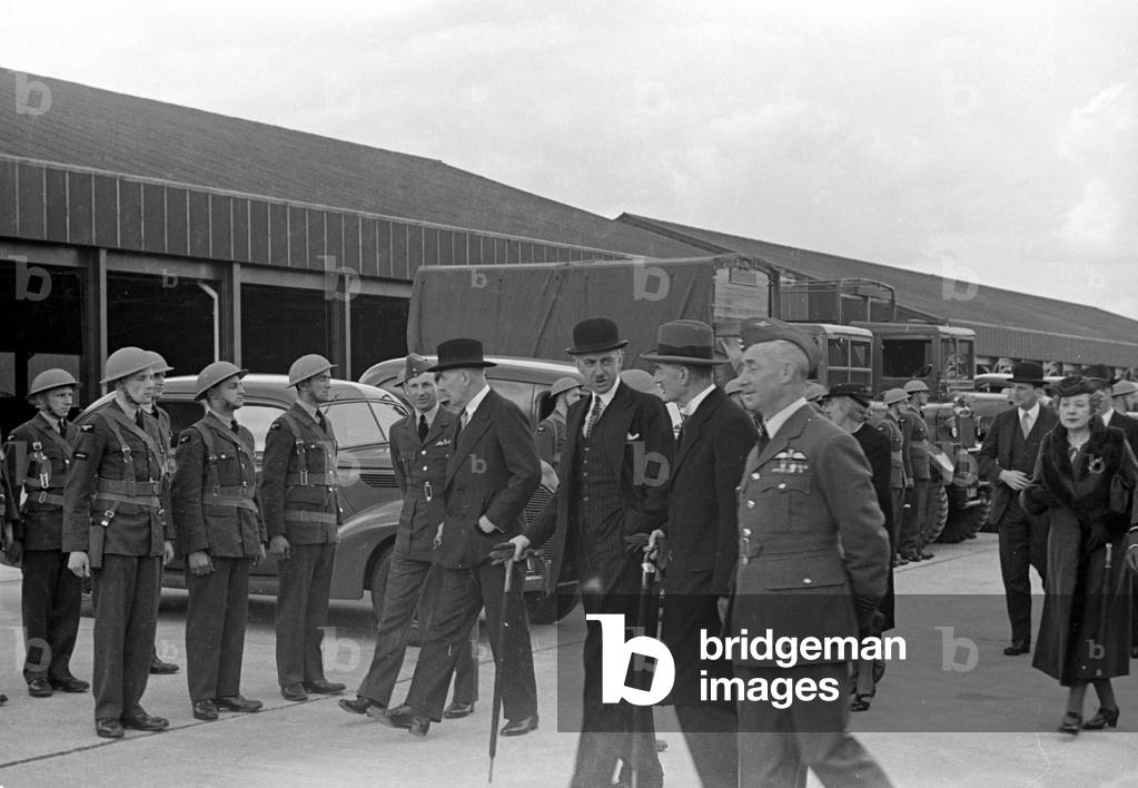 Prime Minister Neville Chamberlain at Royal visit to Hook, Balloon Barrage. April 1939