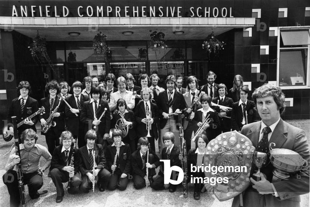 Members of the prize winning school band of Anfield Comprehensive, Breckfield Park, Liverpool seen here with their musical director John Flood, 25th June 1976 (b/w photo)