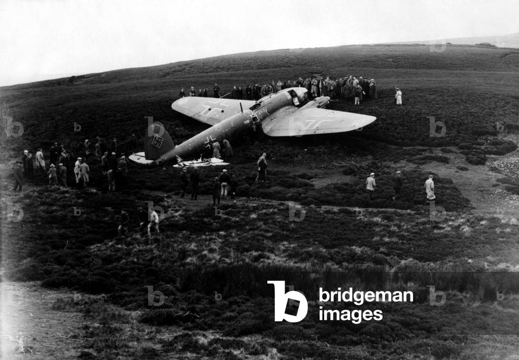 A German Heinkel He 111 medium bomber aircraft, shot down near Edinburgh during World War Two, 30/10/1940 (b/w photo)