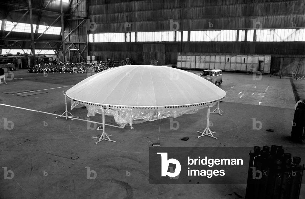 A flying saucer was seen at Cardington formerly the Royal Airship Works, Beds., April 1975 (b/w photo)