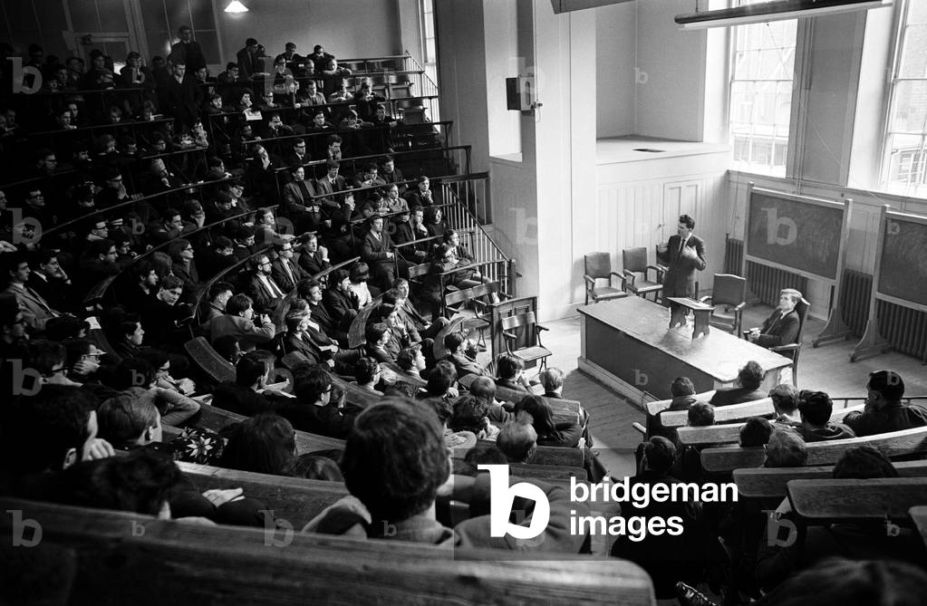 Conservative MP for Smethwick, Peter Griffiths, talking at Kings College, London. 16th February 1965 (b/w photo)