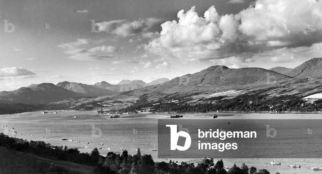 The sea loch on the Scottish West Coast known as Gare Loch seen here from the Clynder Hills, Dunbartonshire. The loch is 7 miles in length and 1 mile in width. During the Second World War the loch was used as an assembly point for convoys crossing the North Atlantic. 11th June 1949 (b/w photo)