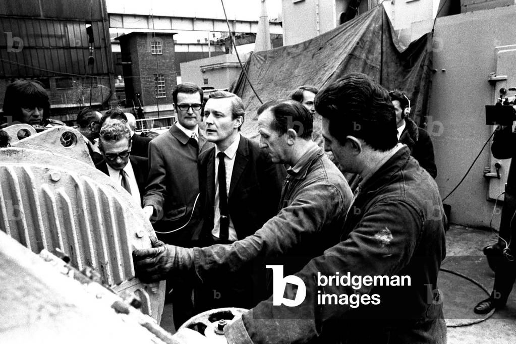 The Minister of Technology Mr. Anthony Wedgewood Benn visiting Palmers Shipyard at Hebburn, May 1970 (b/w photo)