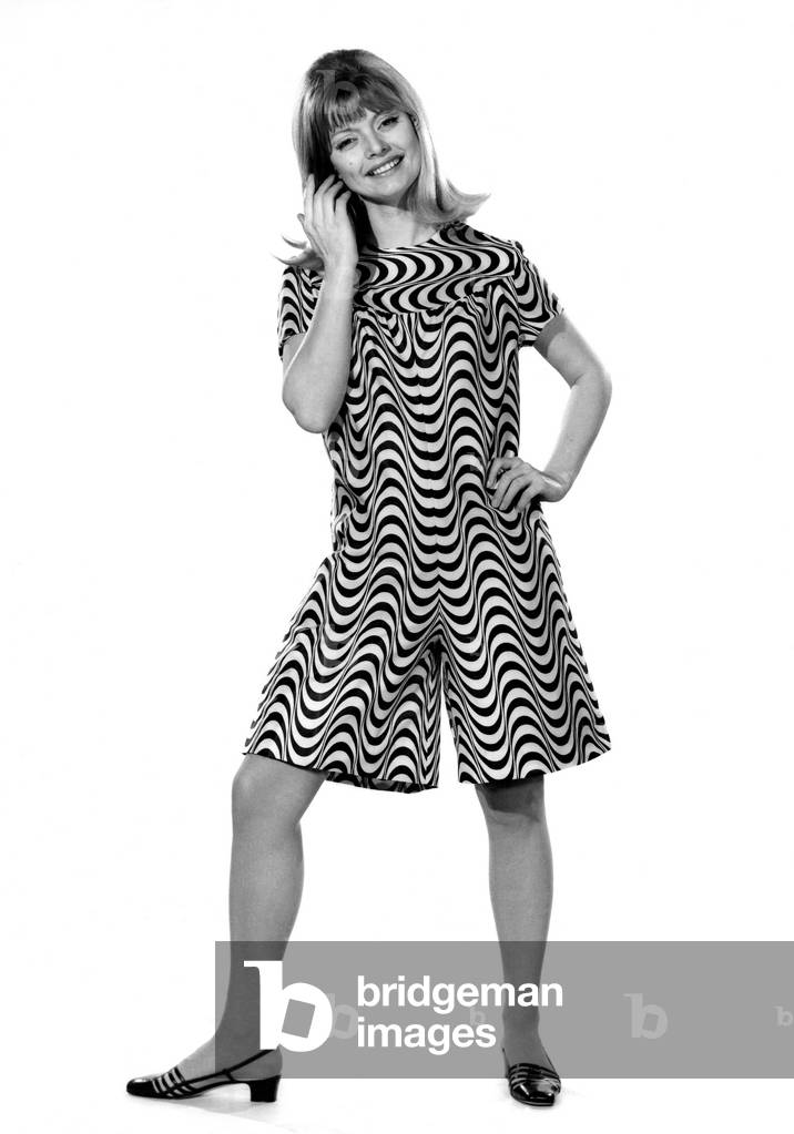 Reveille Fashion 1967: Uschi Bernell. All in one stripy shorts and top, April 1967 (b/w photo)