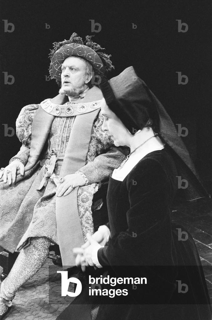 Donald Sinden as Henry 8th and Peggy Ashcroft as Katherine of Aragon in a scene from Henry 8th , which opens as the RSC , Stratford . 7th October 1969 (b/w photo)