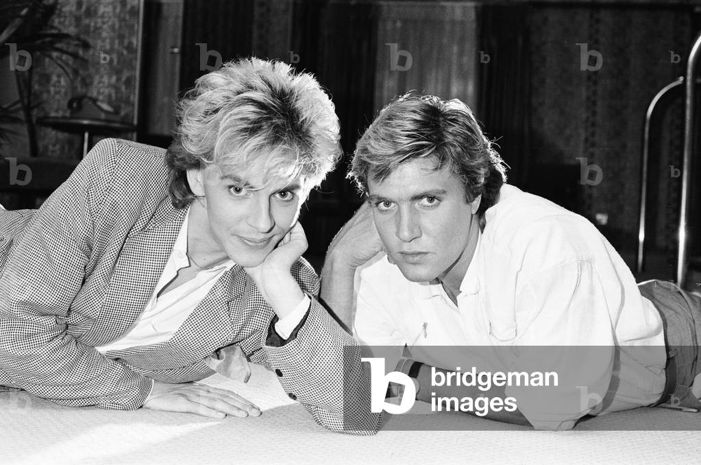 Simon Le Bon & Nick Rhodes from music group Duran Duran, 20th July 1983 (b/w photo)