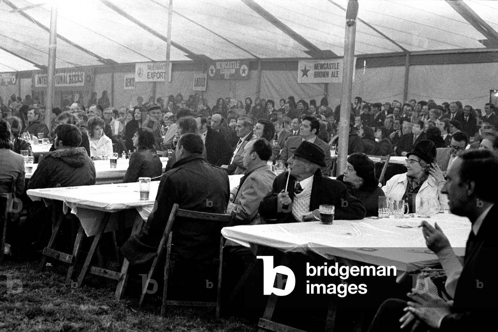 Opening night when crowds packed the marquee, The Tyneside Beer Festival at Gosforth, 22nd April 1973 (b/w photo)